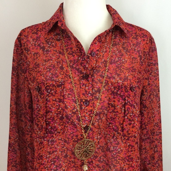 🎈3/$20 LOFT Wine Semi-Sheer Button Up Long Sleeve - Picture 2 of 5